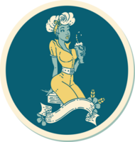 sticker of tattoo in traditional style of a pinup girl drinking a milkshake with banner png