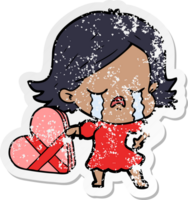 distressed sticker of a cartoon girl crying over valentines png