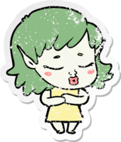 distressed sticker of a shy cartoon elf girl png