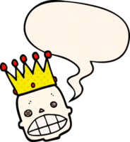 cartoon spooky skull face with crown with speech bubble in comic book style png