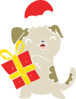 schattig vlak kleur stijl tekenfilm puppy met Kerstmis Cadeau en hoed png