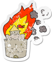 retro distressed sticker of a cartoon burning castle png