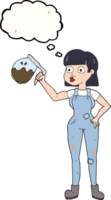 drawn thought bubble cartoon woman in dungarees with coffee png