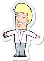 retro distressed sticker of a cartoon grining man with open arms png