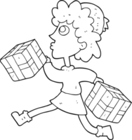 drawn black and white cartoon running woman with presents png