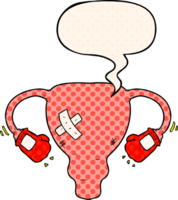 cartoon beat up uterus with boxing gloves with speech bubble in comic book style png