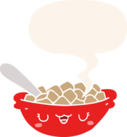 cute cartoon bowl of cereal with speech bubble in retro style png