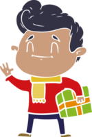 happy flat color style cartoon man with gift png