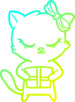 cold gradient line drawing of a cute cartoon cat with bow png