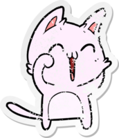 distressed sticker of a happy cartoon cat meowing png