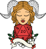 Retro Tattoo Style tiefling with natural twenty dice roll png