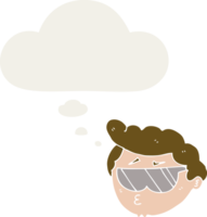 cartoon boy wearing sunglasses with thought bubble in retro style png