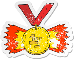 retro distressed sticker of a cartoon first place medal png