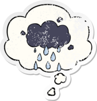 cartoon cloud raining with thought bubble as a distressed worn sticker png