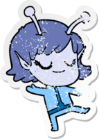 distressed sticker of a smiling alien girl cartoon png