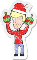 retro distressed sticker of a cartoon man with christmas baubles png