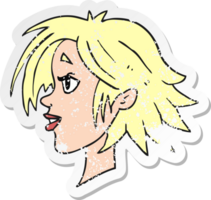 retro distressed sticker of a cartoon happy female face png