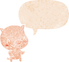 cartoon pig with speech bubble in grunge distressed retro textured style png