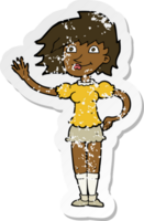 retro distressed sticker of a cartoon woman waving png