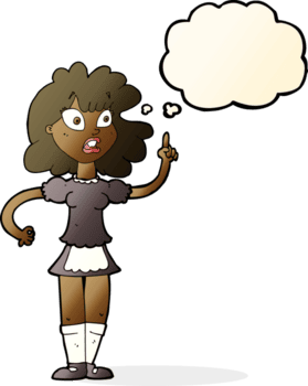 mucama preocupada de dibujos animados con burbuja de pensamiento png