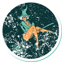 distressed sticker tattoo in traditional style of a pinup witch png