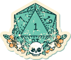 Retro Tattoo Style natural one dice roll with floral elements png