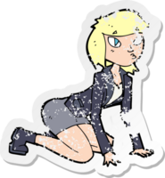 retro distressed sticker of a cartoon woman on hands and knees png