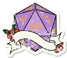 grunge sticker of a natural twenty D20 dice roll png