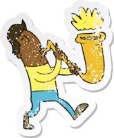 retro nödställd klistermärke av en tecknad man som blåser saxofon png