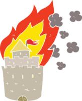 flat color illustration of burning castle png