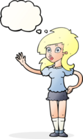 cartoon pretty woman waving for attention with thought bubble png