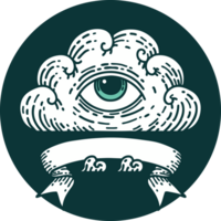 icône de style tatouage avec bannière d'un nuage d'oeil qui voit tout png