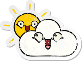 distressed sticker of a cute cartoon sunshine and cloud png