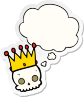 cartoon skull with crown with thought bubble as a printed sticker png