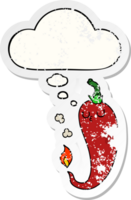 cartoon hot chili pepper with thought bubble as a distressed worn sticker png