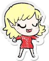 distressed sticker of a happy cartoon elf girl png