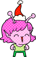 hand drawn comic book style illustration of a alien girl laughing wearing santa hat png