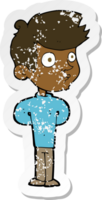 retro distressed sticker of a cartoon boy staring png