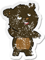 retro distressed sticker of a cartoon cute waving black bear teddy png