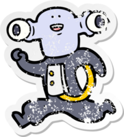 distressed sticker of a friendly cartoon alien running png