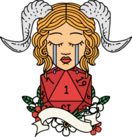 Retro Tattoo Style crying tiefling with natural one D20 roll png