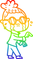 rainbow gradient line drawing of a cartoon crying woman wearing spectacles png