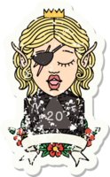 grunge sticker of a elf rogue character with natural twenty dice roll png