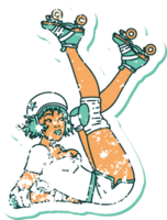 Distressed Sticker Tattoo im traditionellen Stil eines Pinup Roller Derby Mädchens png