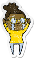 distressed sticker of a cartoon crying woman wearing spectacles png