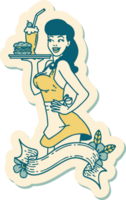 sticker of tattoo in traditional style of a pinup waitress girl with banner png