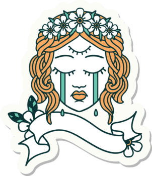 tatuering stil klistermärke med baner av kvinna ansikte med tredje öga och krona av blommor cyring png
