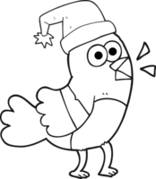 hand drawn black and white cartoon bird wearing christmas hat png