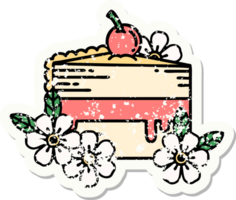 distressed sticker tattoo in traditional style of a slice of cake and flowers png
