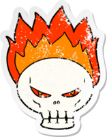 distressed sticker of a cartoon flaming skull png